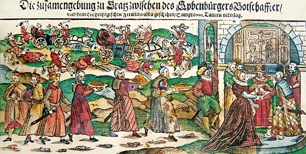 Broadsheet-sanomalehtikertomus ja kuvat Itävallan arkkiherttuatar Maria Christinan ja Siebenbürgenin prinssin (Transylvania) suurlähettilään Sigismund Báthoryn avioliitosta maaliskuussa 1595 ja Călugărenin taistelusta elokuussa 1595, n. 1 tekijältä German School