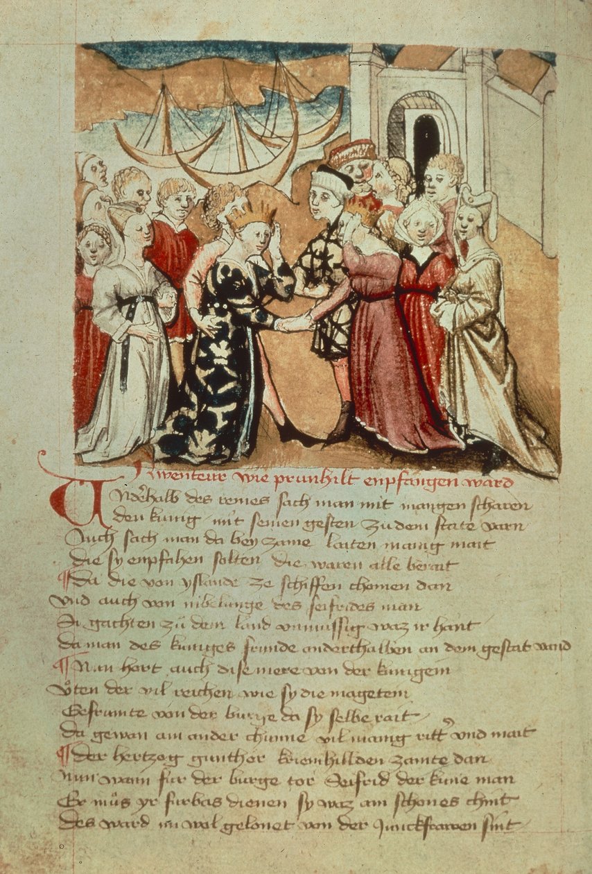 Brunhild astuu Wormsiin; Kriemhild tervehtii Brunhildia ja Guntheria "Hundeshagen Nibelungen Codexista" (vellum) tekijältä German School