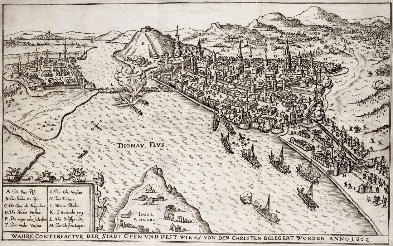 Buda ja Pest kristittyjen piirittämä vuonna 1602, Paul Furstin (n. 1605-1666) kaiverrettu kuva kirjasta ottomaanien sotatoimista Euroopassa tekijältä German School