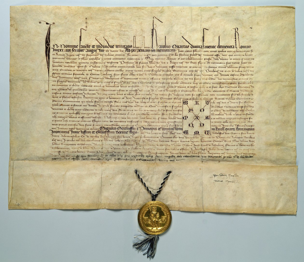 Kaarle IV:n bulla (1316-78) Pyhän Rooman keisari, 29. tammikuuta 1365 (muste pergamentissa kultasinetillä) tekijältä German School