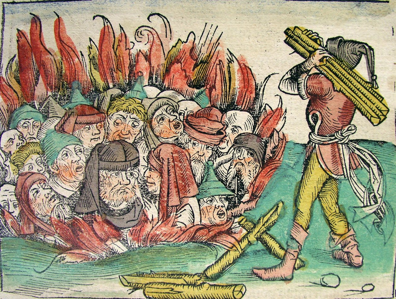 Burning of the Jews, julkaistu Nürnberg Chroniclessa, 1493 tekijältä German School