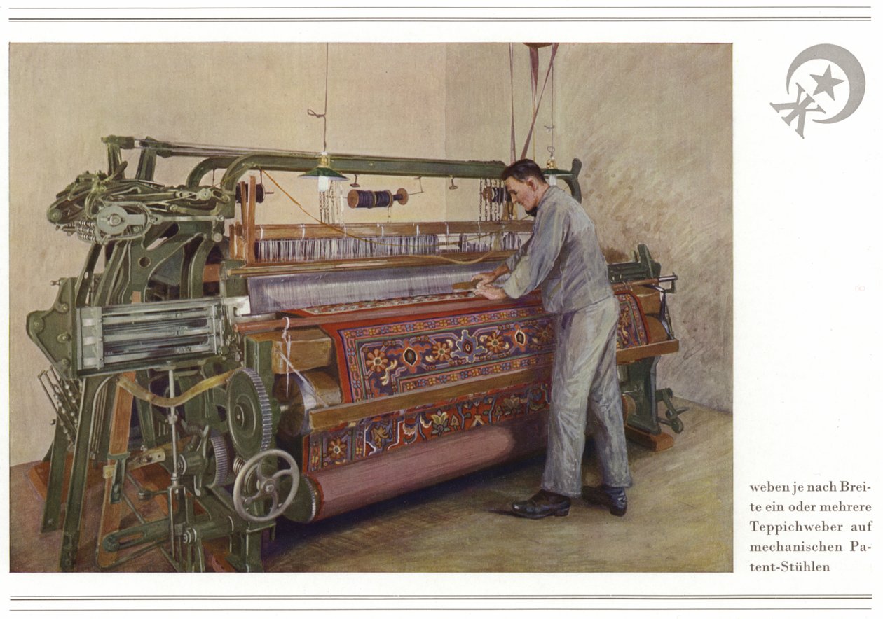 Mattojen valmistajien liiketoiminta Halbmond-Teppichfabrik Von Koch Und Te Kock (värilitografia) tekijältä German School