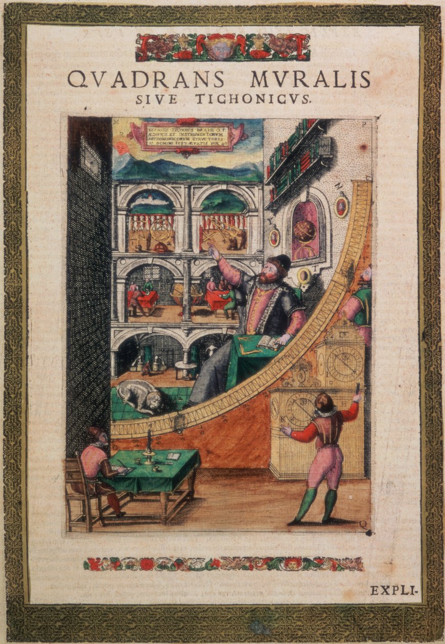 C.45.h.3 Tähtitieteilijä Tycho Brahe, 40, vuonna 1587 tähtitieteellisten instrumenttien joukossa, Tychonis Brahe, Astronomi Instaurat Mechanica tekijältä German School