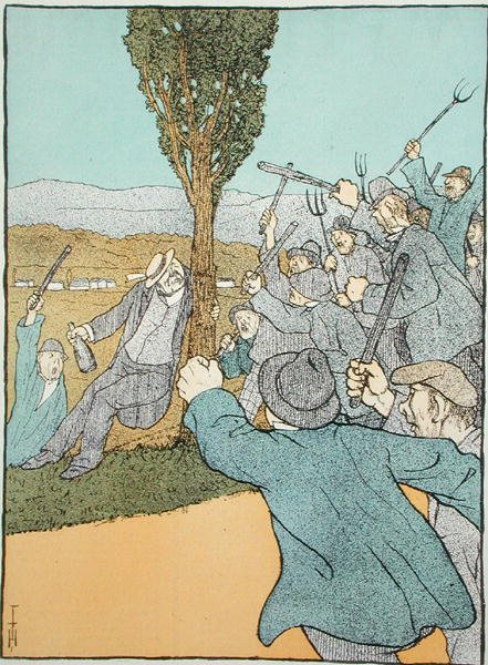 Simplicissimus-lehden karikatyyri, joka kuvaa Clemenceauta ja kapinallisia viininviljelijöitä, heinäkuu 1907 (värilitho) tekijältä German School