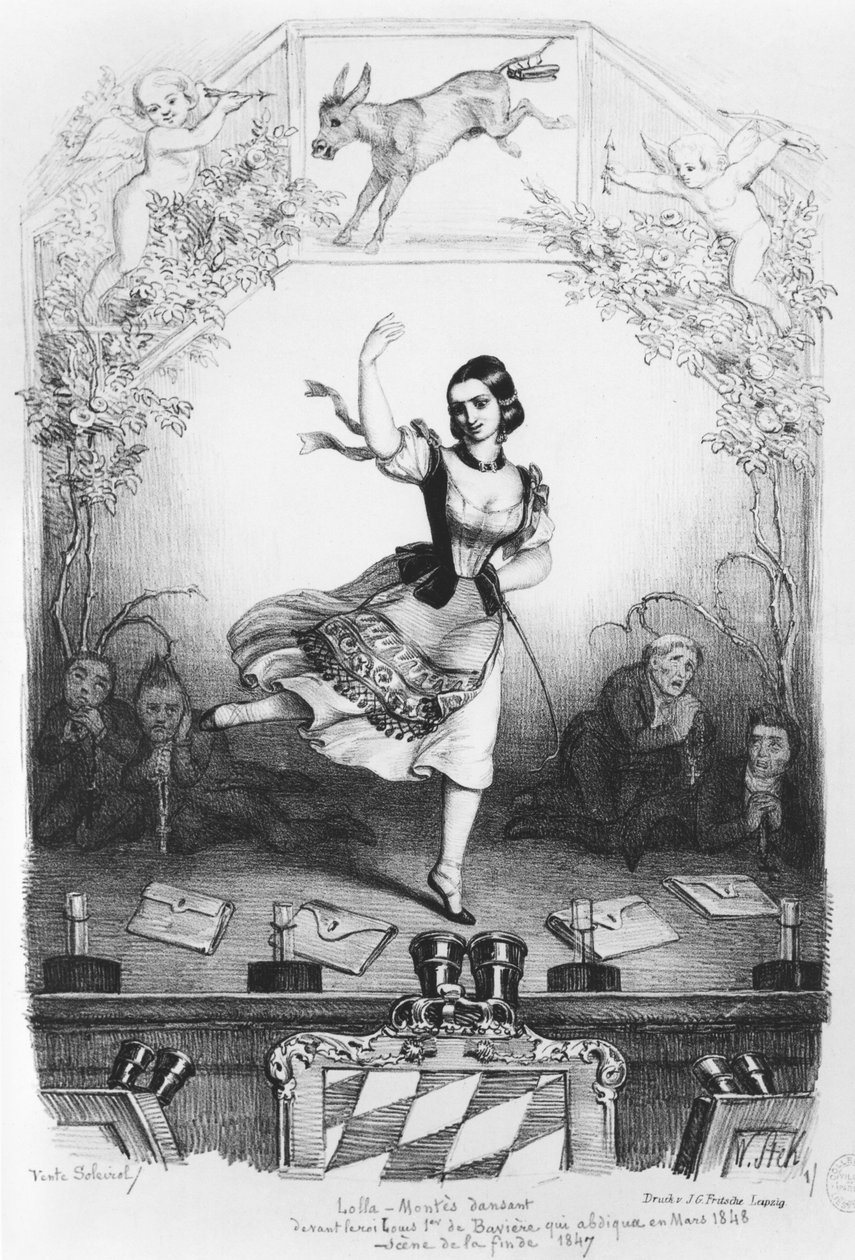 Karikatyyri Lola Montesista (1821-61) tanssimassa Baijerin kuninkaan Ludwig I:n (1786-1868) edessä n. 1847 tekijältä German School