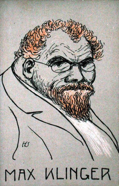 Max Klingerin (1857-1920) karikatyyri (värinen lito) tekijältä German School