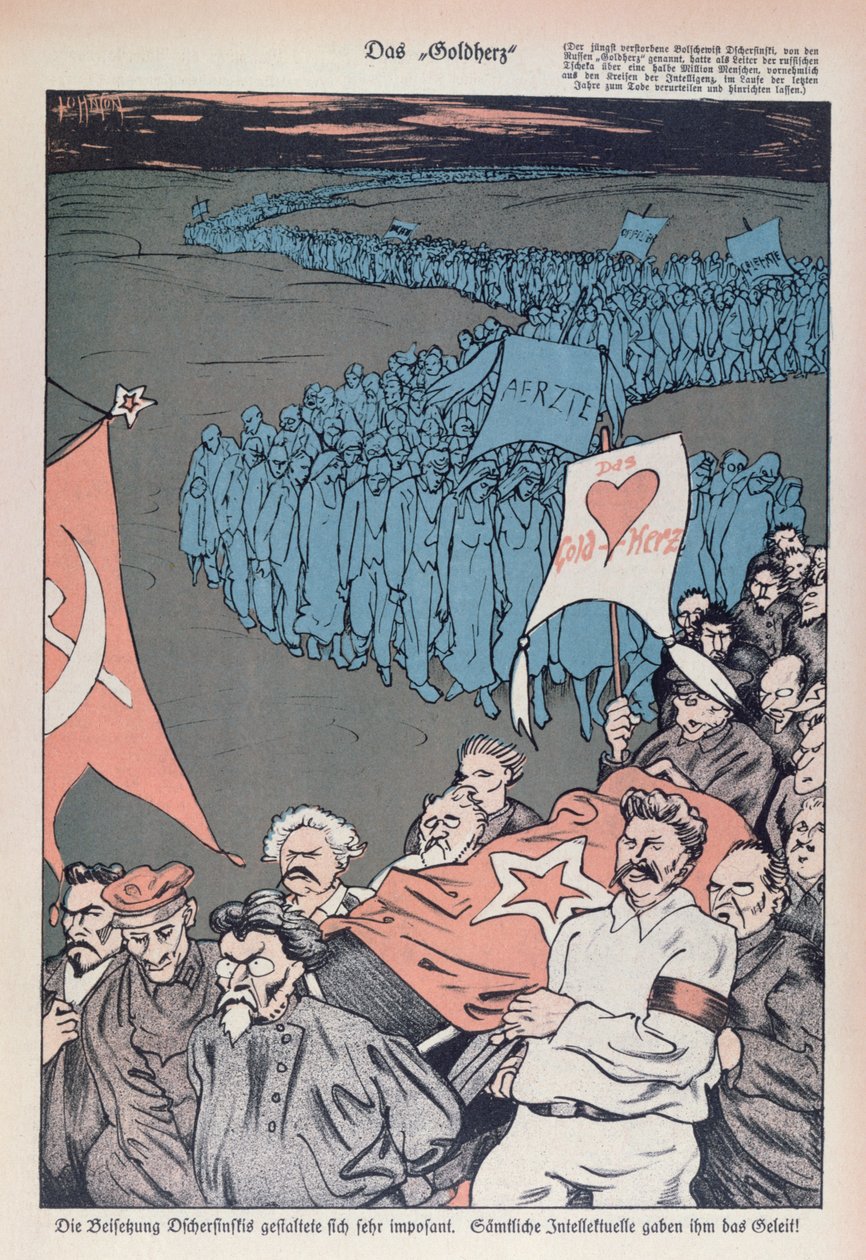 Tšekan perustajan ja johtajan Felix Dzherzhinskyn (1877-1926) kuoleman karikatyyri tekijältä German School