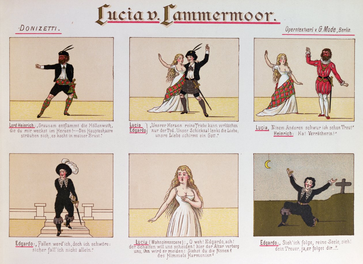 Sarjakuva, joka pilaa Donizettin oopperaa Lucia di Lammermoor (värilitho tekijältä German School