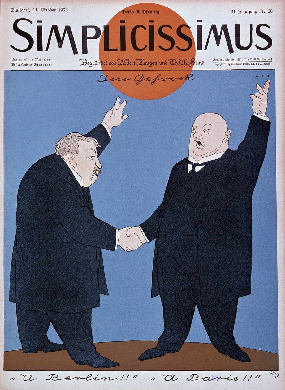 Sarjakuva ranskalais-saksalaisten lähentymisestä: Briand ja Stresemann - teoksessa "" Simplicissimus" 11.10.1926 (kaiverrus) tekijältä German School