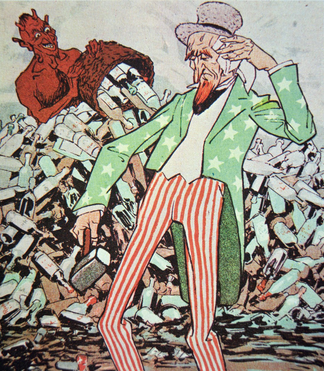 Sarjakuva, jossa setä Sam on uupunut paholaisen tuottamasta saappaasta kieltoaikana (1920-33) (väri litho) tekijältä German School