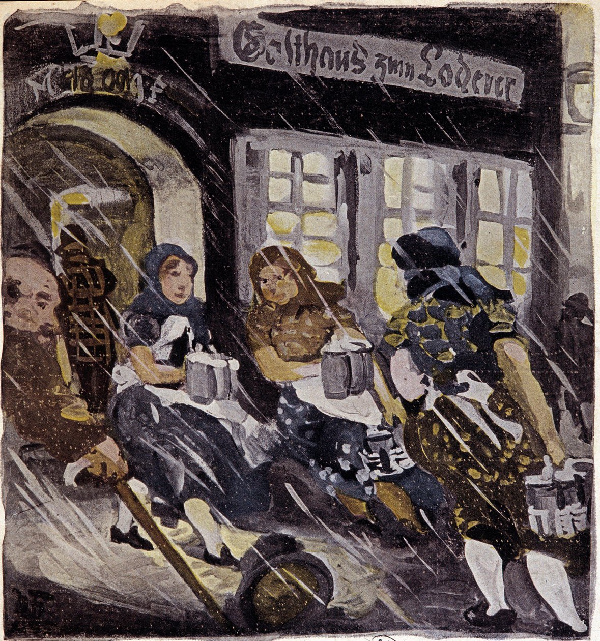 Hahmot panimo Max Feldbauerin terassilla lumen alla, München (München), Saksa. Kaiverrus vuodelta 1905. Paris, Decorative Arts tekijältä German School