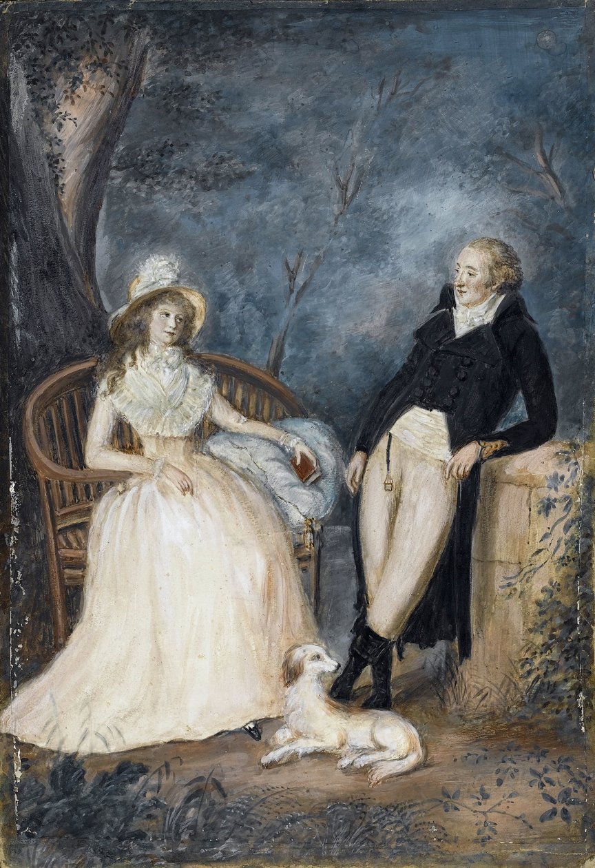 Charlotte von Stein (1742-1827) ja Johann Wolfgang von Goethe (1749-1832) keskustelussa - Saksalainen mestari - 1700-luvun toinen puoli. - Vesiväri pahville - Yksityiskokoelma tekijältä German School