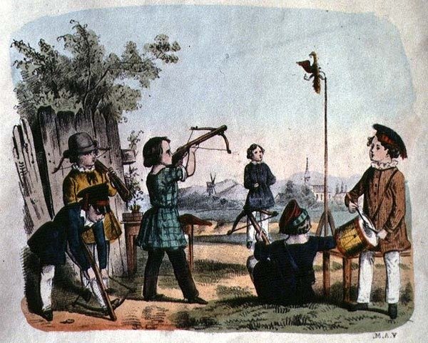 Lapset ampuvat maalia arkebussilla, n.1860 (värikaiverrus) tekijältä German School