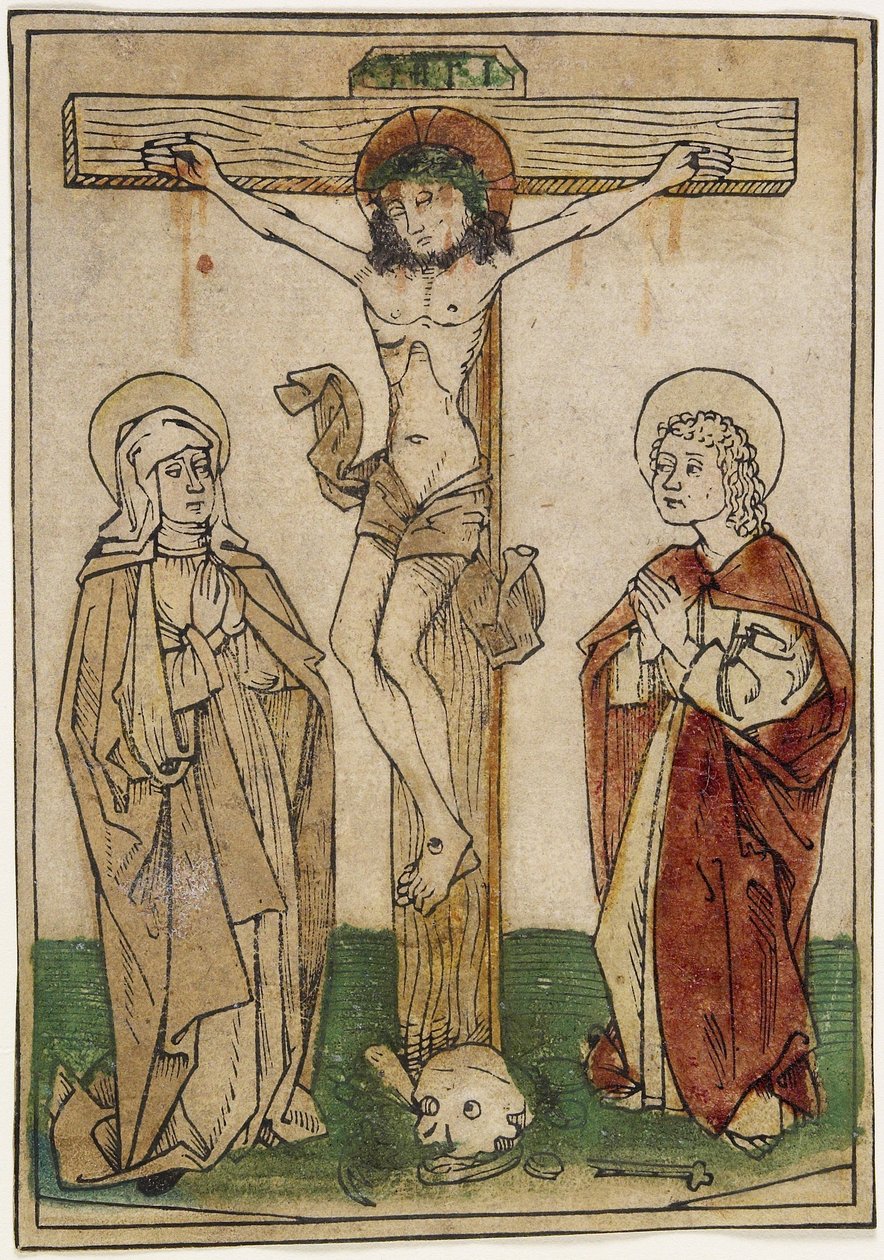 Kristus ristillä Marian ja Pyhän Johanneksen kanssa, n. 1470-80 (käsinvärinen puupiirros pergamentille) tekijältä German School