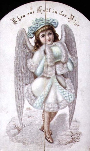 Joulukortti enkelistä muhvilla, saksa, n.1880 (printti) tekijältä German School