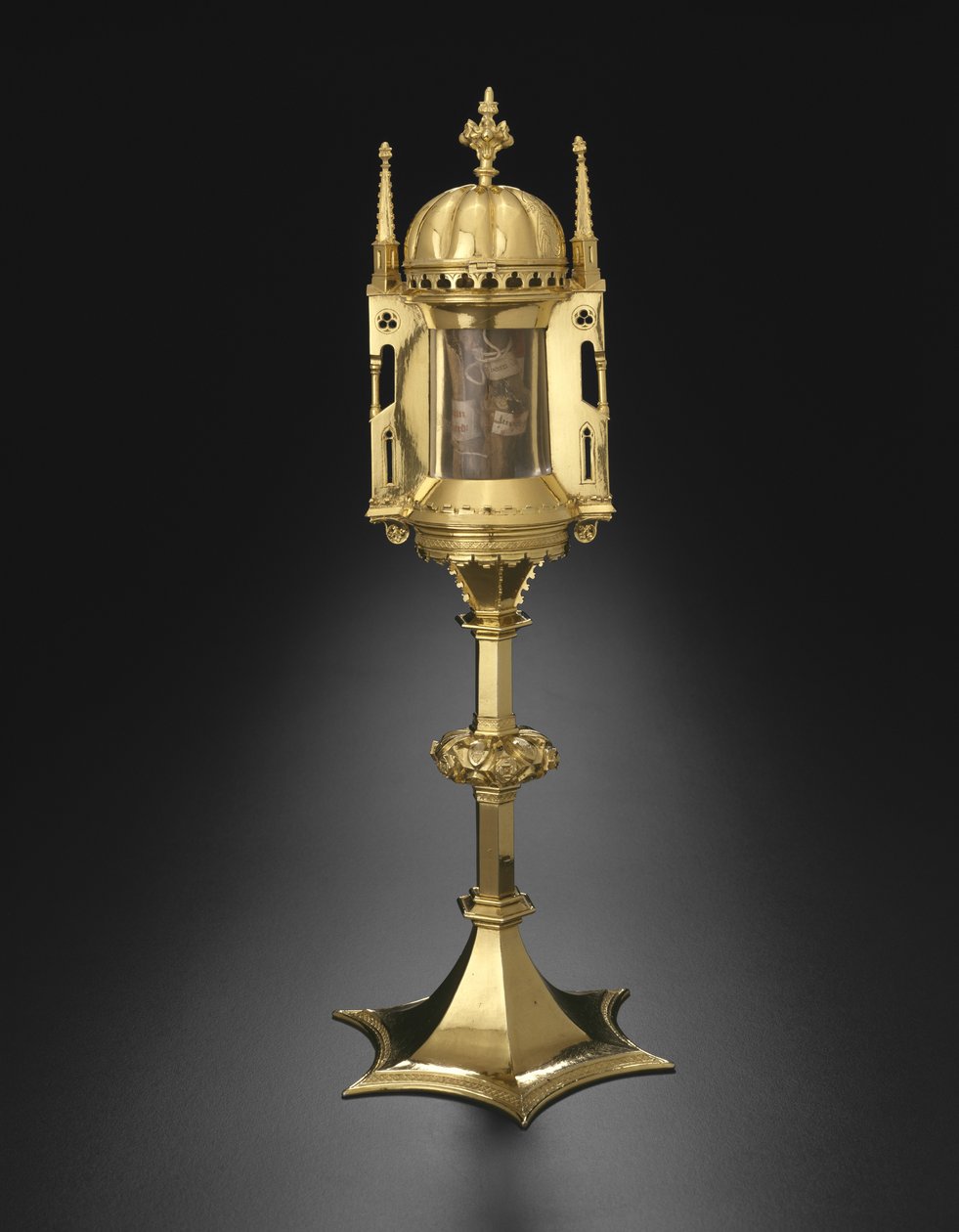 Pyöreä Monstrance kupolikatolla Braunschweigista, Saksasta, 1300-luvun loppu (hopeakullattu ja kristalli) tekijältä German School