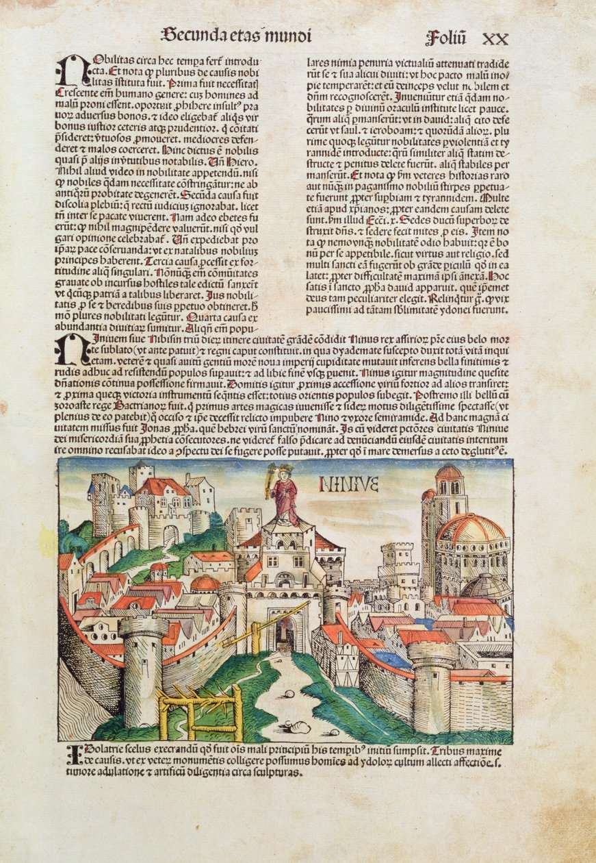 Niniven kaupunki Hartmann Schedelin (1440-1514) teoksesta Liber Chronicarum 1493 (värillinen puupiirros) tekijältä German School