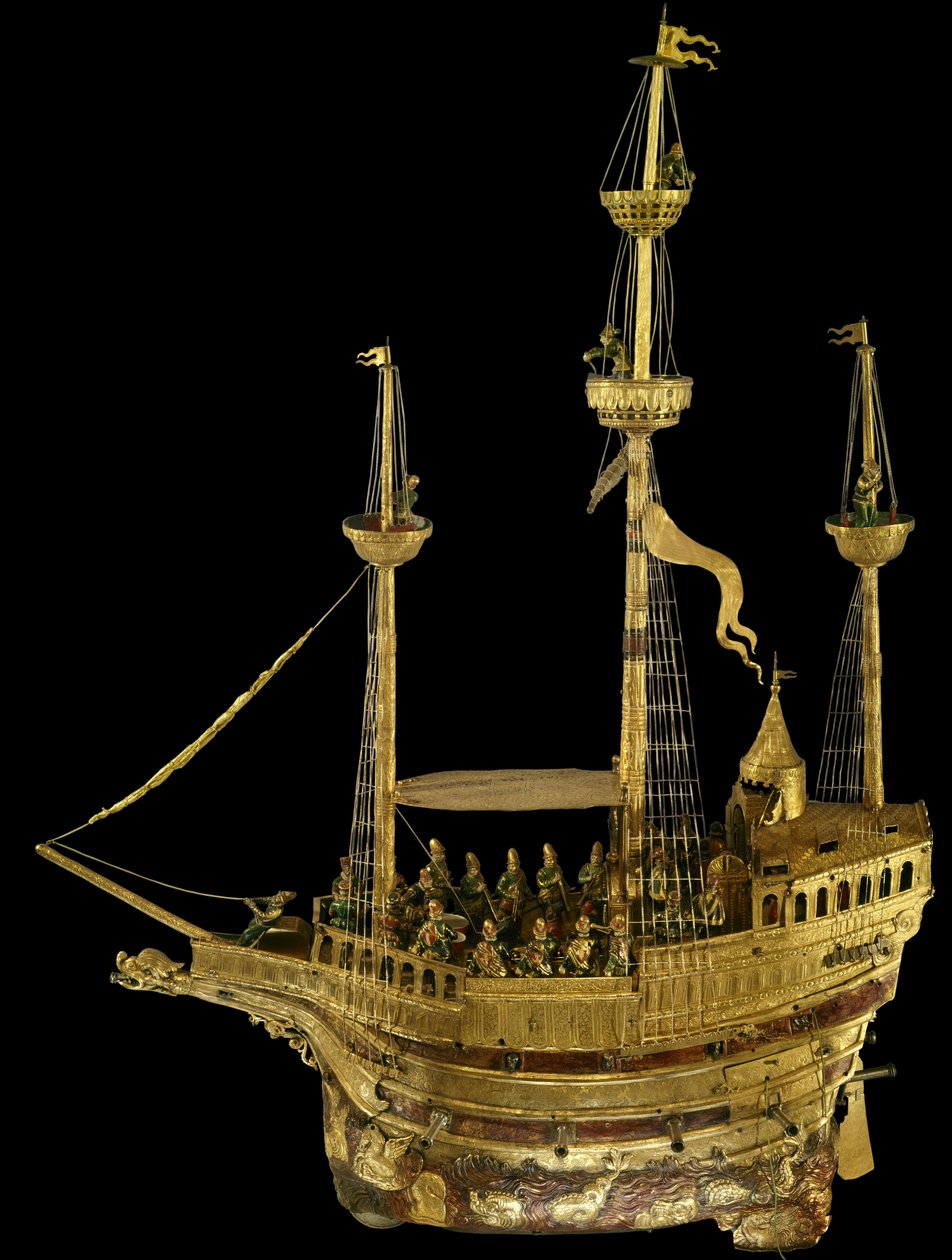 Laivan muotoinen kello, jota kutsutaan "Kaareli V:n naveiksi". Saksalainen valmistus 1500-luvulta. Katso, National Renaissance Museum. tekijältä German School