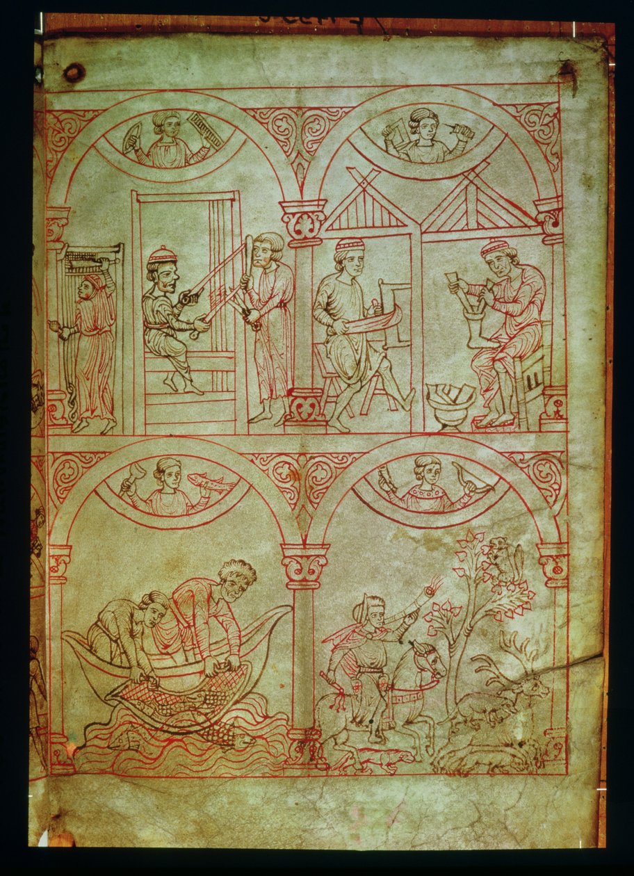 Codex 507 fol.2r Weaver, Shoemaker, Fishermen and Hunter, Renner Musterbuch, n. 1208-1218 tekijältä German School