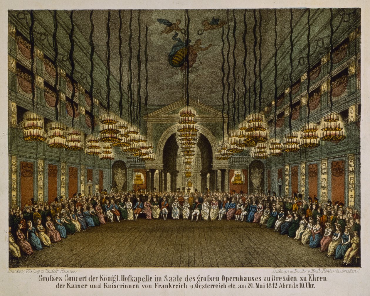 Kuninkaallisen bändin konsertti Dresdenin oopperatalon auditoriossa keisarillisen parin kunniaksi, 1812 (värilitho) tekijältä German School