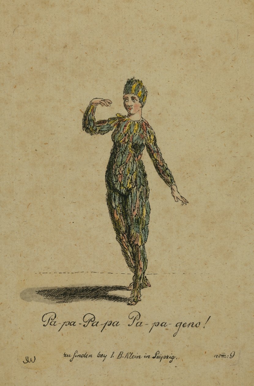 Pukusuunnittelu Papagenon rooliin Wolfgang Amadeus Mozartin oopperassa Taikahuilu, julkaissut Leipzigissä I. B. Klein, 1793 (värikaiverrus) tekijältä German School