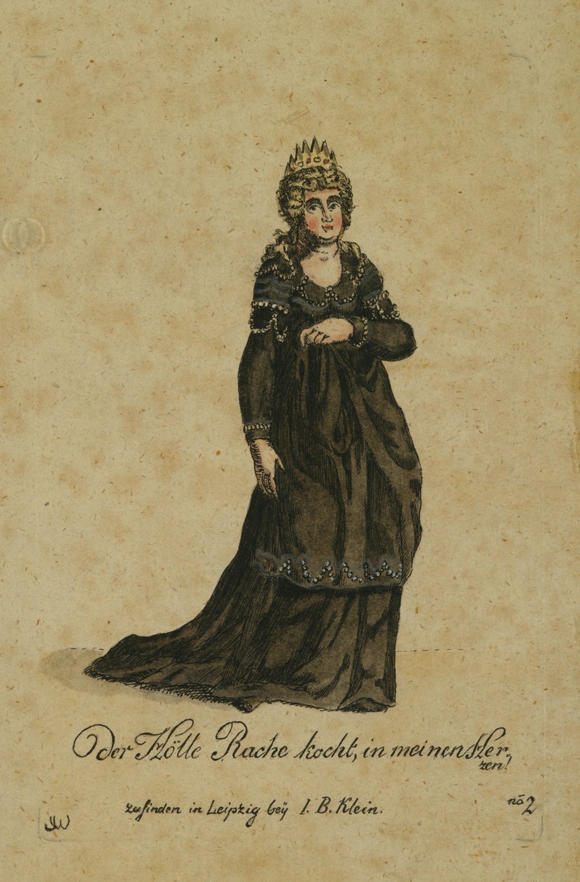Pukusuunnittelu Yön kuningattaren rooliin Wolfgang Amadeus Mozartin oopperassa Taikahuilu, julkaissut Leipzigissä I. B. Klein, 1793 (värikaiverrus) tekijältä German School