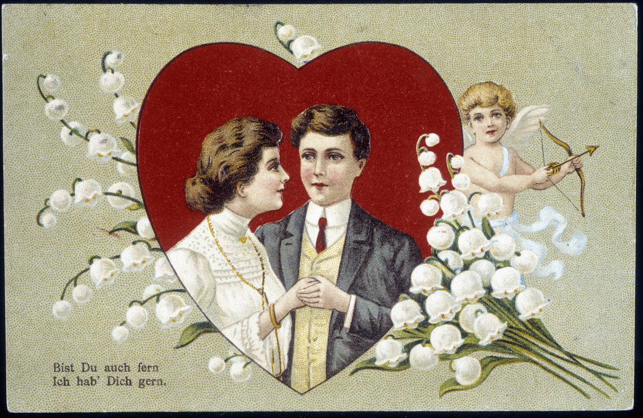 Pari rakastajaa sydämessä, jota ympäröivät kielo ja Cupid (Eros) - saksalainen postikortti, 1900-luku tekijältä German School