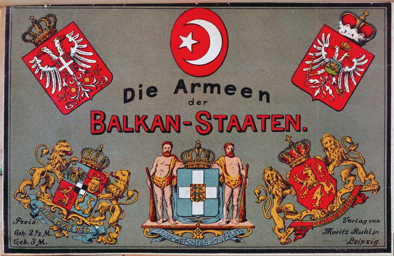 Balkanin valtioiden armeijoita käsittelevän esitteen kansi, n. 1912 tekijältä German School