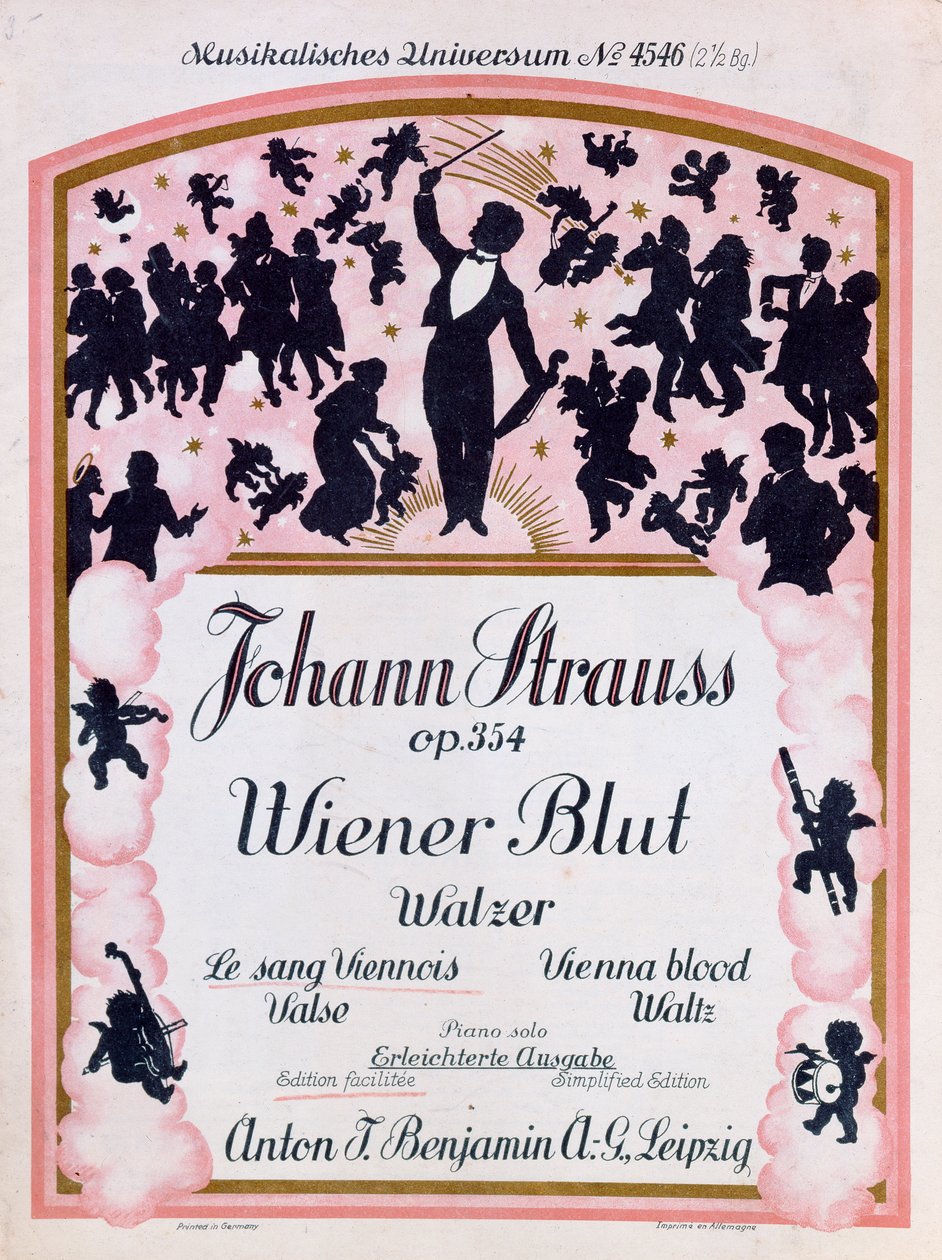 Kansi Johann Strauss II:n (1825-99), 1930 kuuluisan valssin Wiener Blut op.354 partituurista tekijältä German School