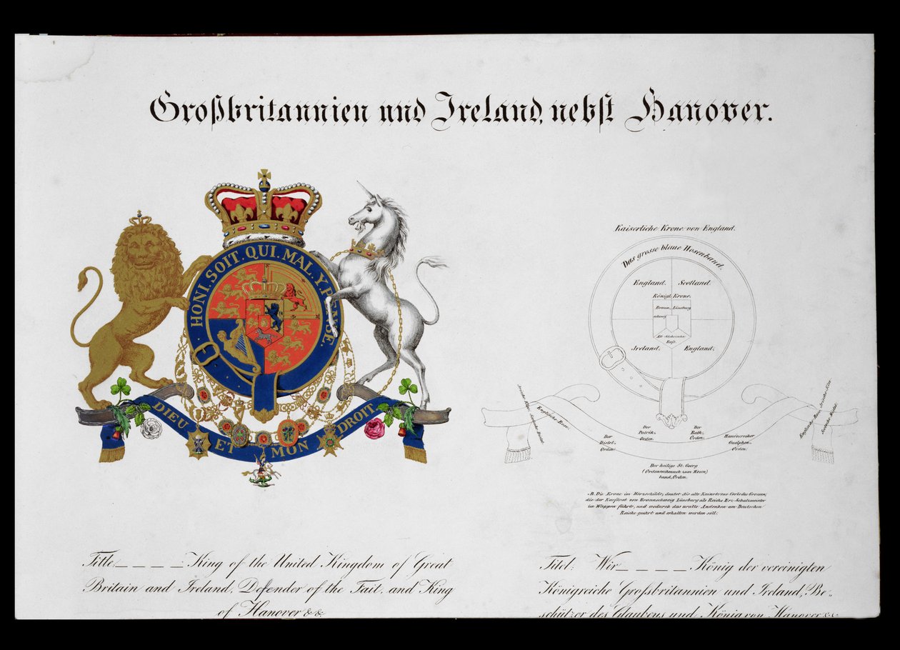 Ison-Britannian ja Irlannin yhdistyneen kuningaskunnan kuninkaan, uskon puolustajan ja Hannoverin kuninkaan harja (n. 1801-37) (katso myös 111319) tekijältä German School
