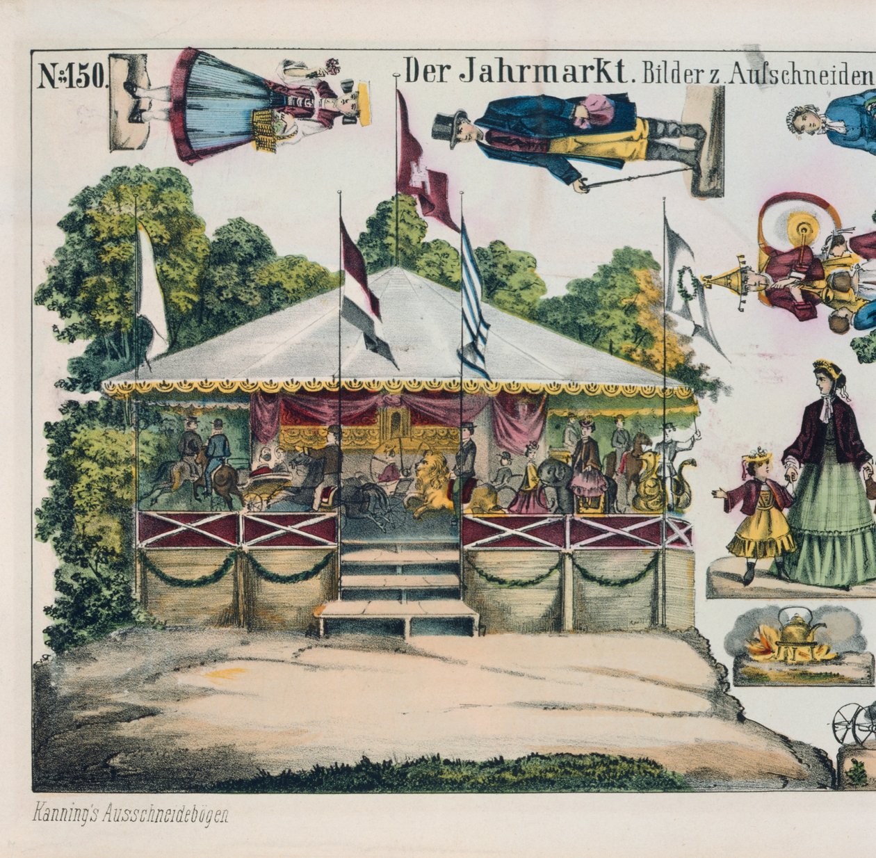 Leikkaa arkki, jossa on huvipuistokaruselli, julkaissut Kanning, 1860 tekijältä German School