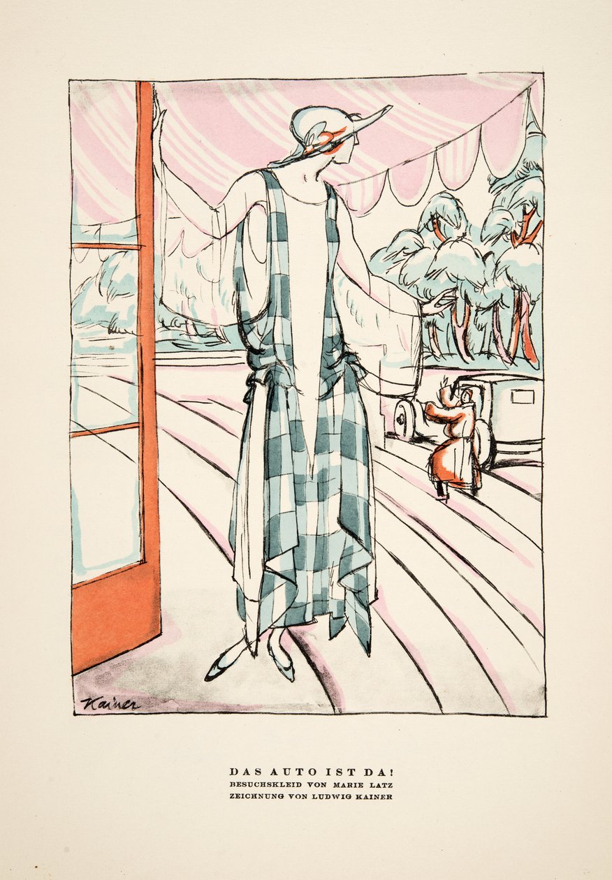 "Das Auto Ist Da!", Marie Latzin mekon mainos, julkaisusta Styl, pub.1922 (pokkaripainatus). tekijältä German School