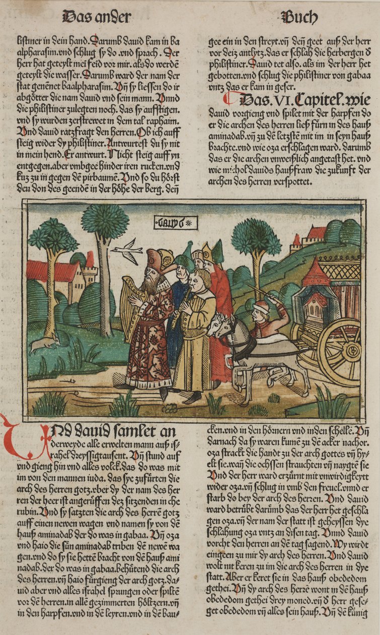 Daavid ja liitonarkki, 1400-luvun loppu (käsinvärinen puupiirros) tekijältä German School