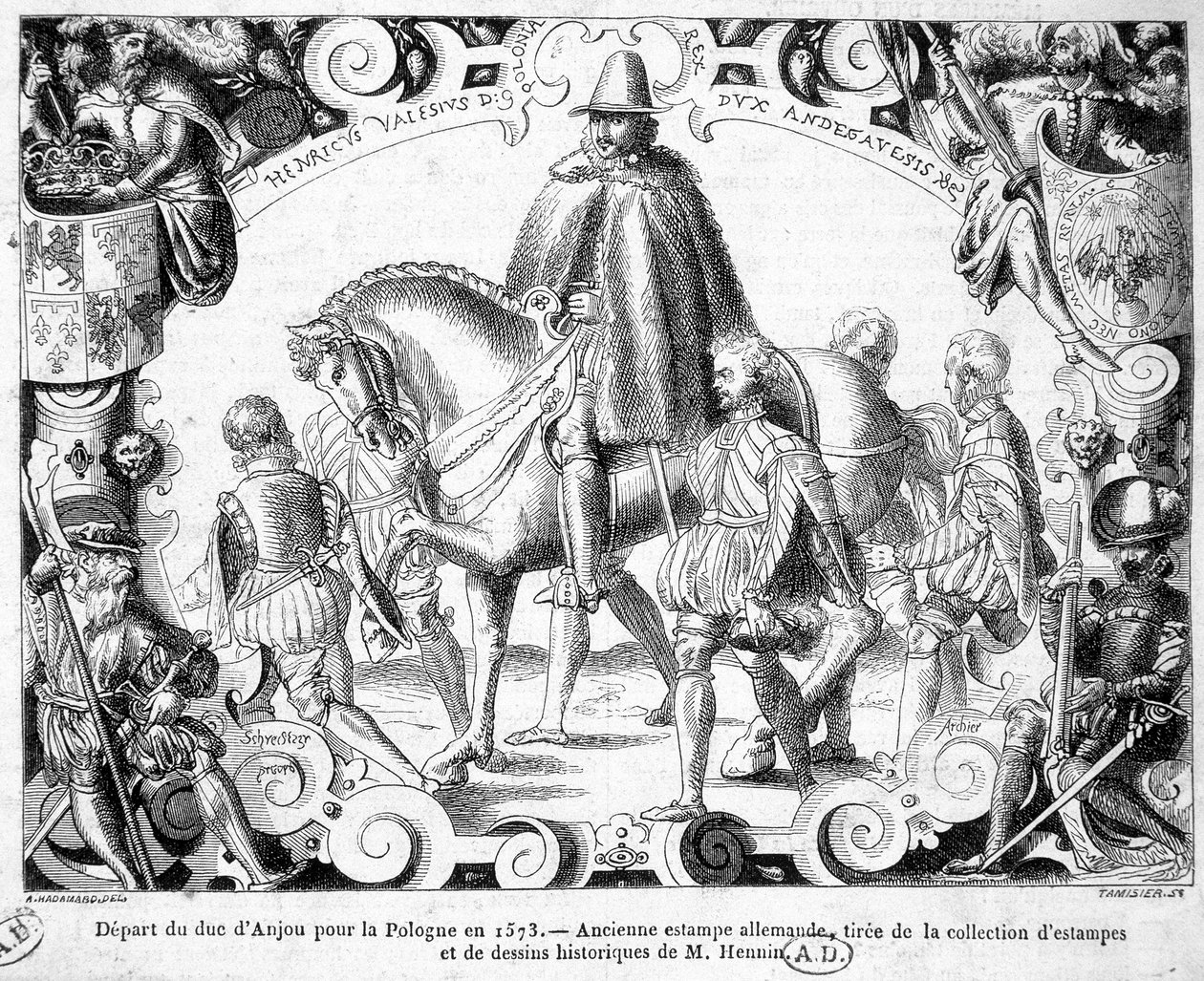 Anjoun herttuan lähtö Puolaan vuonna 1573 (valittu Puolan kuninkaaksi, hän ottaa kruununsa haltuunsa) - Muinainen saksalainen vedos herra Henninin grafiikan ja historiallisten piirustusten kokoelmasta. tekijältä German School