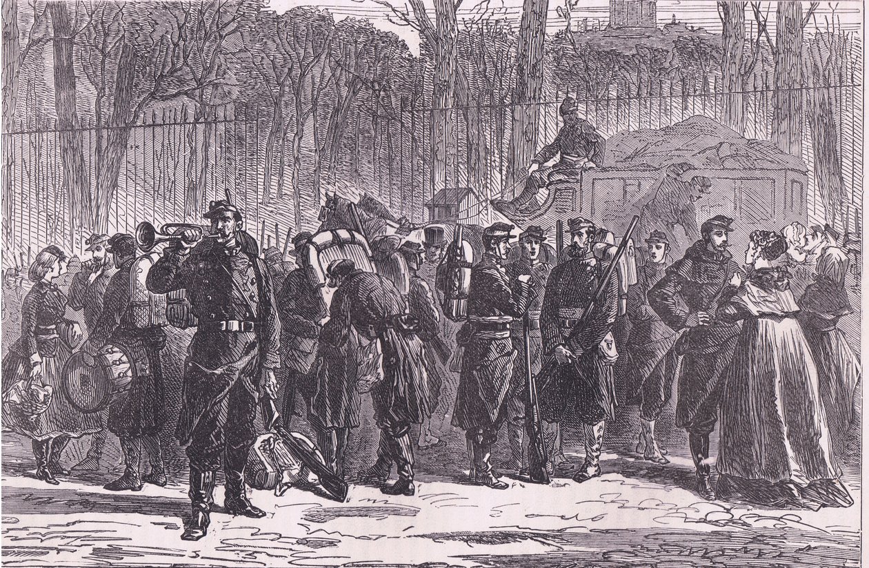 Kansalliskaartin kymmenennen rykmentin lähtö edistyneisiin virkoihin, Cassells History of the War of the France ja Saksa, julkaisija Cassell and Company Limited, n. 1890 (litho) tekijältä German School