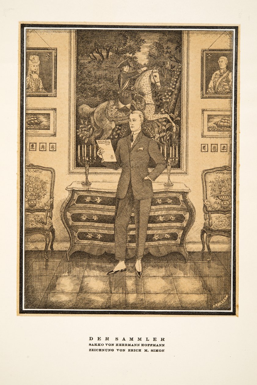 Der Sammler, Hermann Hoffmannin mainos miesten muodista, julkaisusta Styl, pub.1922 (pokkaripainatus). tekijältä German School
