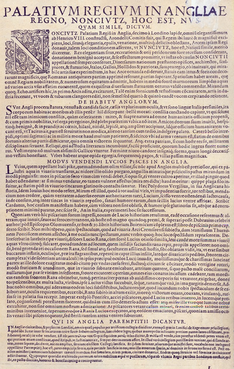 Kuvaus Nonesuchin palatsista, englantilaiset, heidän ulkonäkönsä ja taponsa, kalan myyntitapa Englannissa ja kuvaus oppisopimusjärjestelmästä, 1598 (painettu paperi) (katso myös 3 tekijältä German School