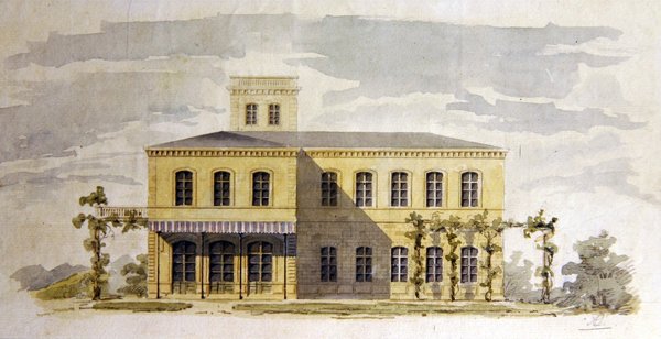 Suunnittelu italialaiseen klassiseen huvilaan, n. 1850 (akvarelli kynällä ja musteella paperille) tekijältä German School