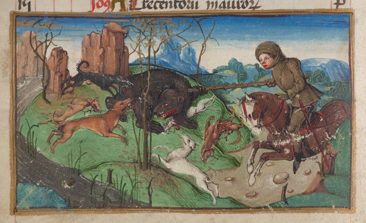 Yksityiskohta karhunmetsästystä harjoittavan aatelismiehestä, kalenterisivulta lokakuussa, n. 1475-1485 tekijältä German School