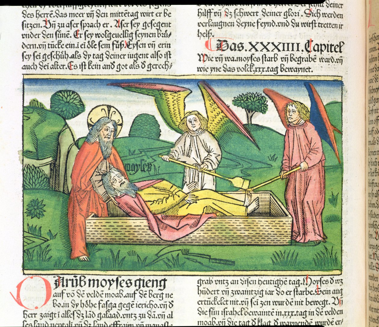 Mooseksen kirja 34 Mooseksen kuolema, Nürnbergin Raamatusta (Biblia Sacra Germanaica) (värillinen puupiirros) tekijältä German School