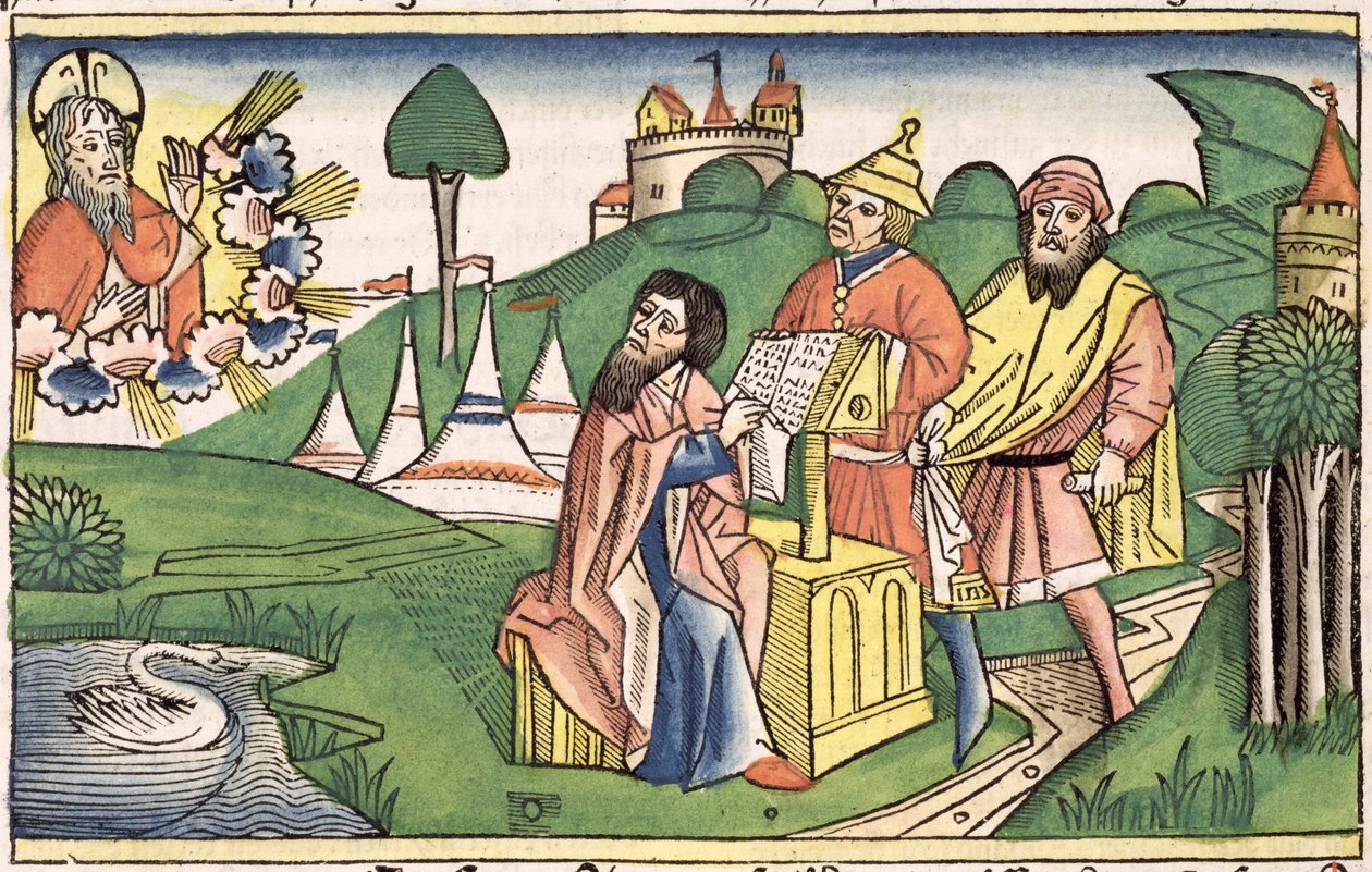 Mooseksen kirja: Etutaulu, jossa Jumala säätää lait, Nürnbergin Raamatusta (Biblia Sacra Germanaica) (värillinen puupiirros) tekijältä German School