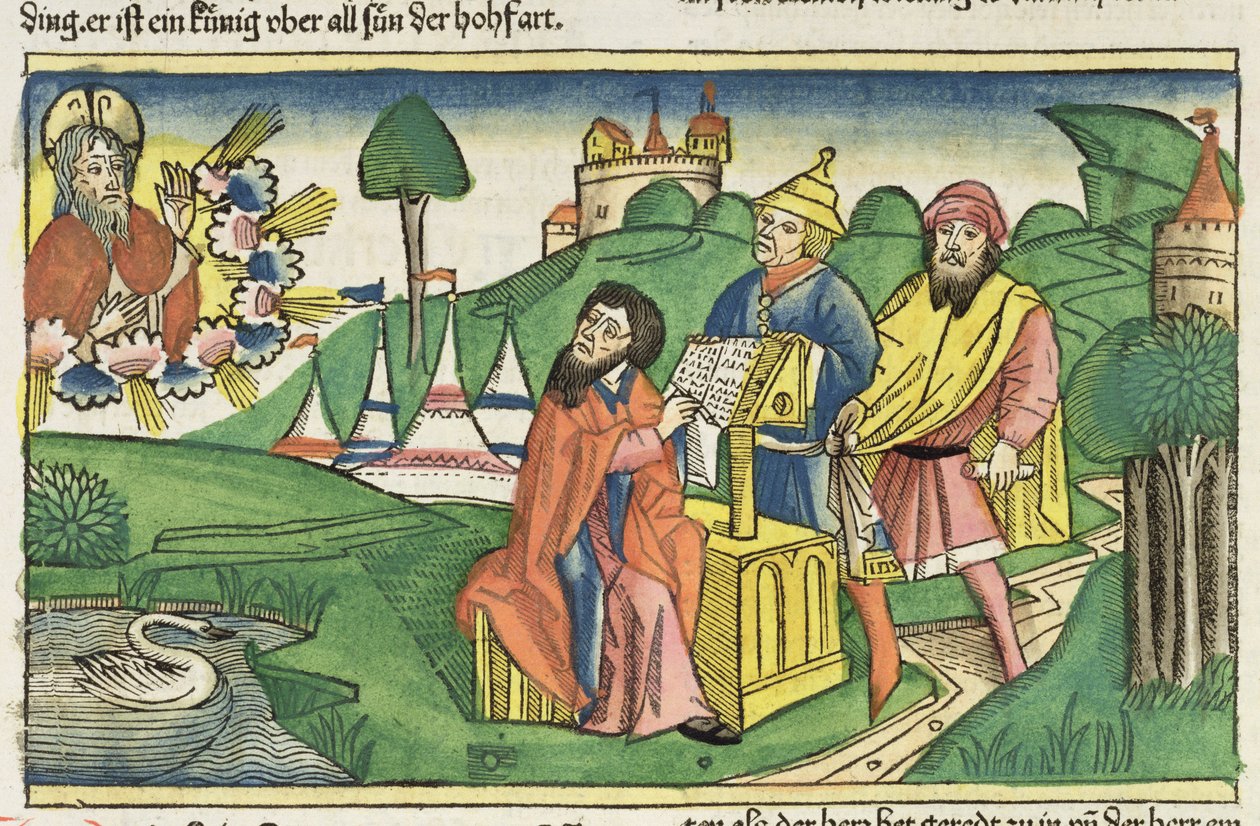 Mooseksen kirja: Etutaulu, jossa Jumala säätää lait, Nürnbergin Raamatusta (Biblia Sacra Germanaica) (värillinen puupiirros) tekijältä German School