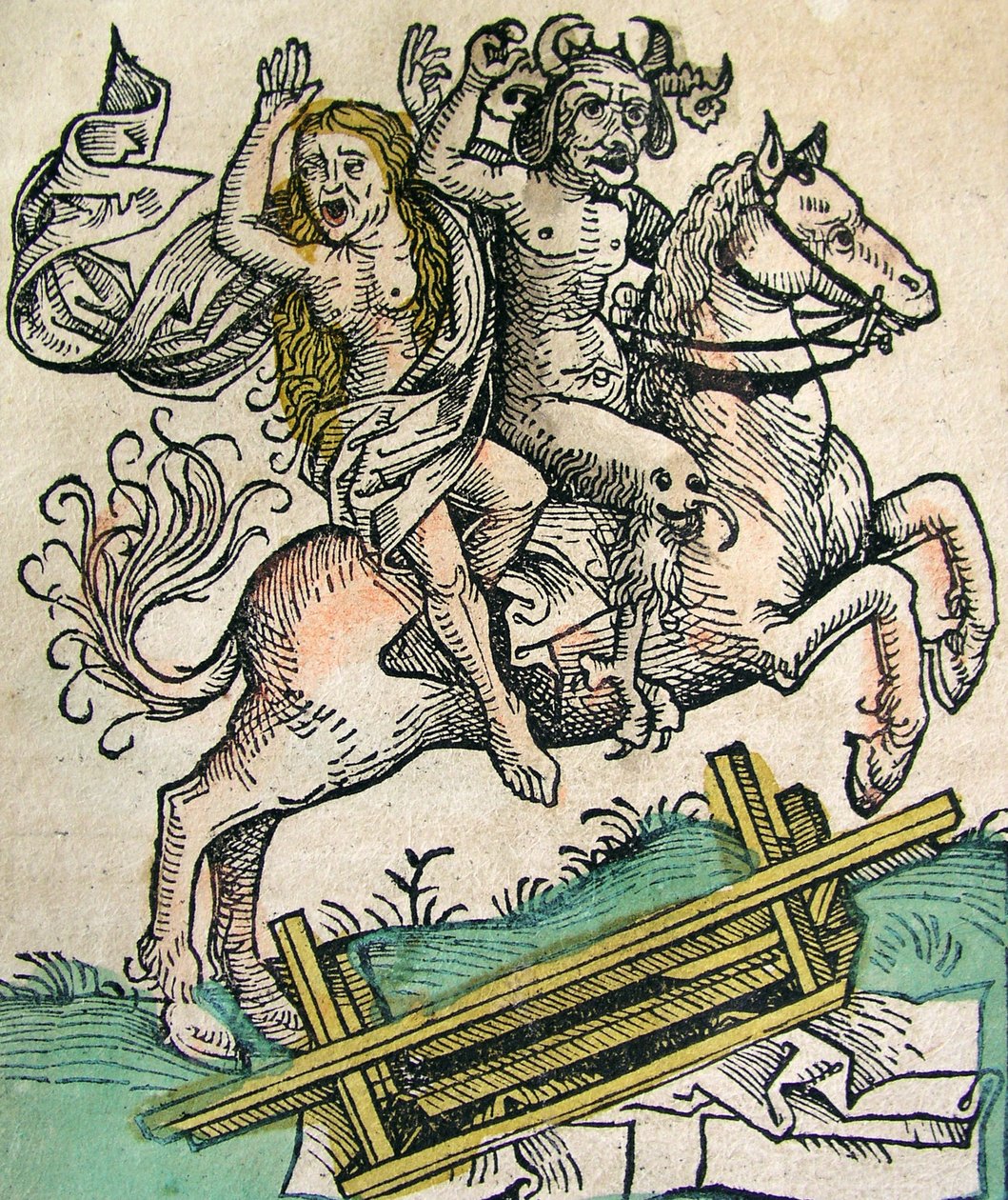 Paholainen ja nainen hevosen selässä, julkaistu Nürnberg Chroniclessa, 1493 tekijältä German School