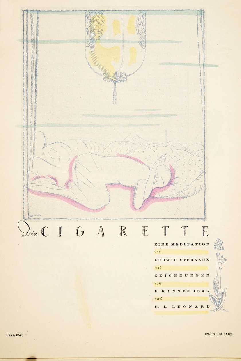 Die Cigarette eine Meditation, teoksesta Styl, julkaisu 1922 (pochoir-painatus). tekijältä German School