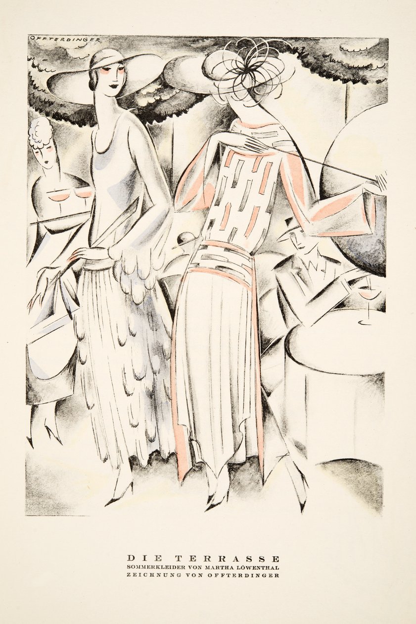 "Die Terrasse" Martha Lowenthalin kesämekkojen mainos, julkaisusta Styl, pub.1922 (pochoir-painatus). tekijältä German School