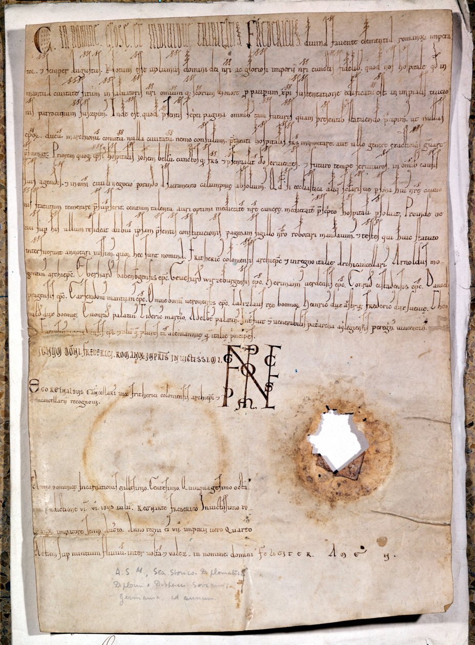 Mantovan sairaalan tutkintotodistus, päivätty 10. heinäkuuta 1158. Asiakirjan on allekirjoittanut Saksan keisari Frederick I Barberossa (1122 - 1190). Milanon kansallisarkisto. tekijältä German School