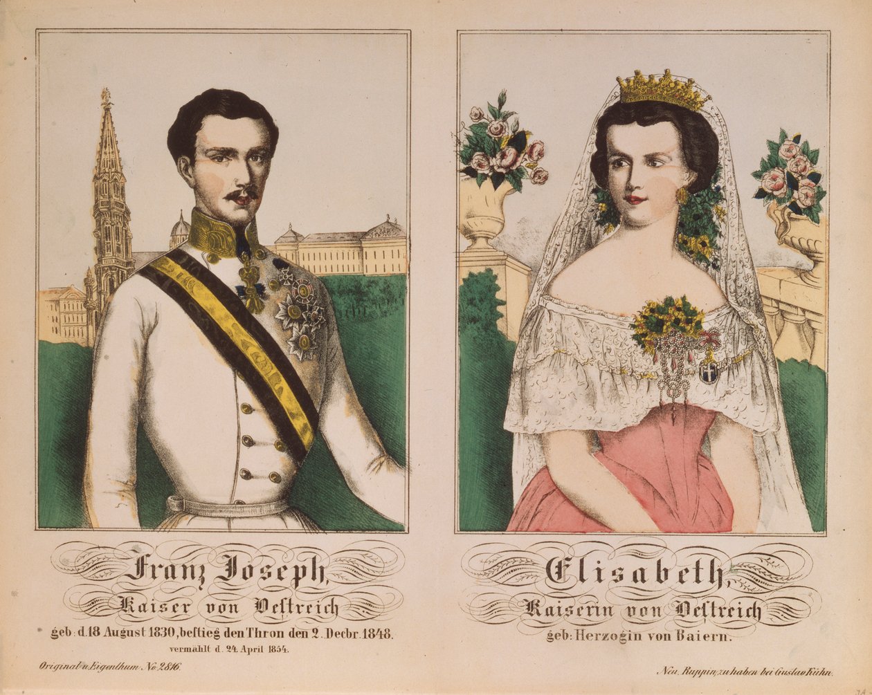 Kaksoismuotokuva Itävallan keisarista Franz Joseph I:stä ja keisarinna Elisabetista Neuruppiner Bilderbogenista, 1854 tekijältä German School