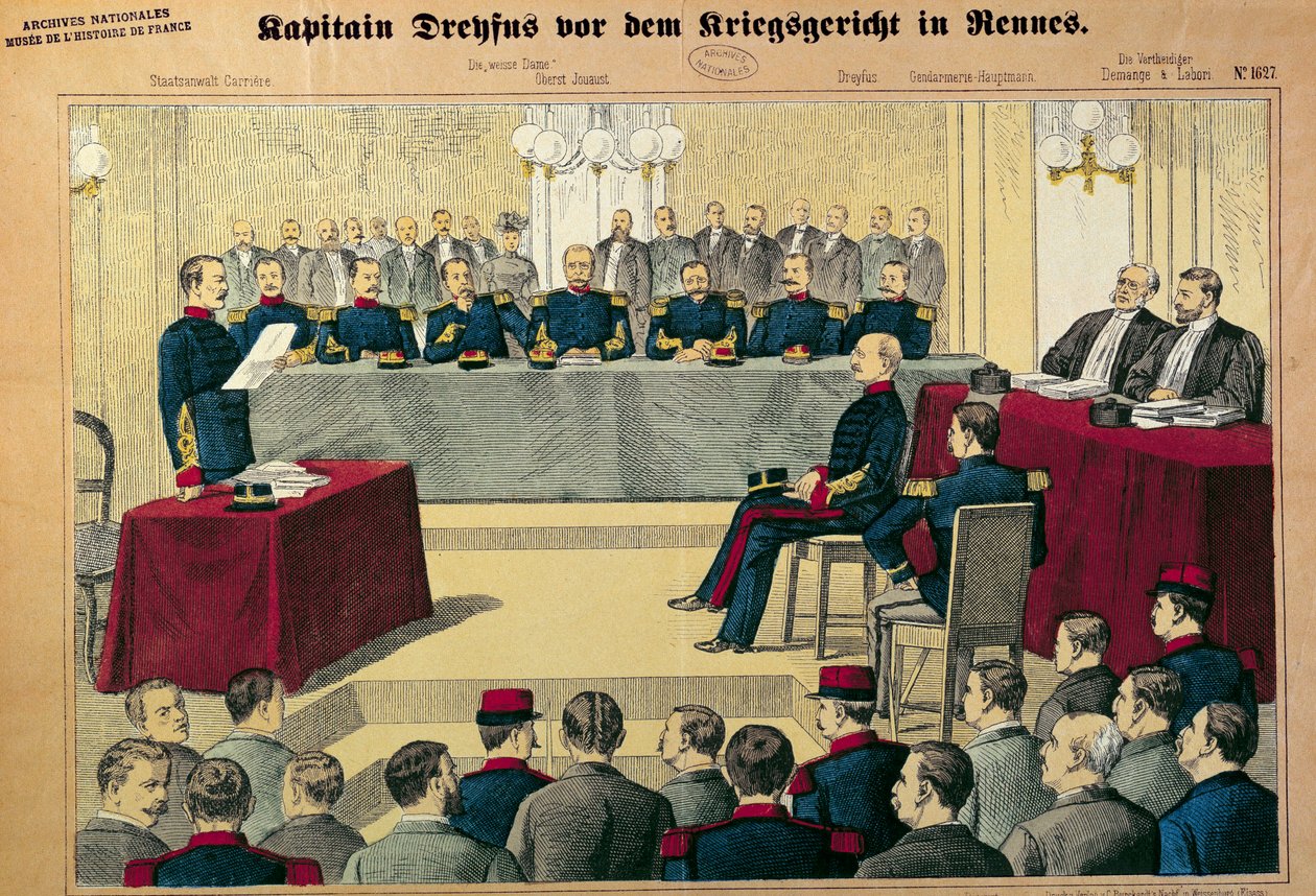 Dreyfusin tapaus: oikeudenkäynti kapteeni Dreyfusin (1859-1923) tarkistuksessa. Kuva saksalaisesta lehdistöstä tekijältä German School