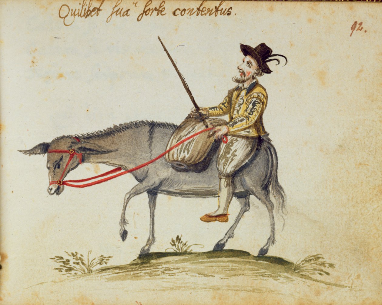 Egerton 1269 f.92 Mies ratsastaa muulilla, Albumilta Amicorum, Moyses Walens, Köln tekijältä German School