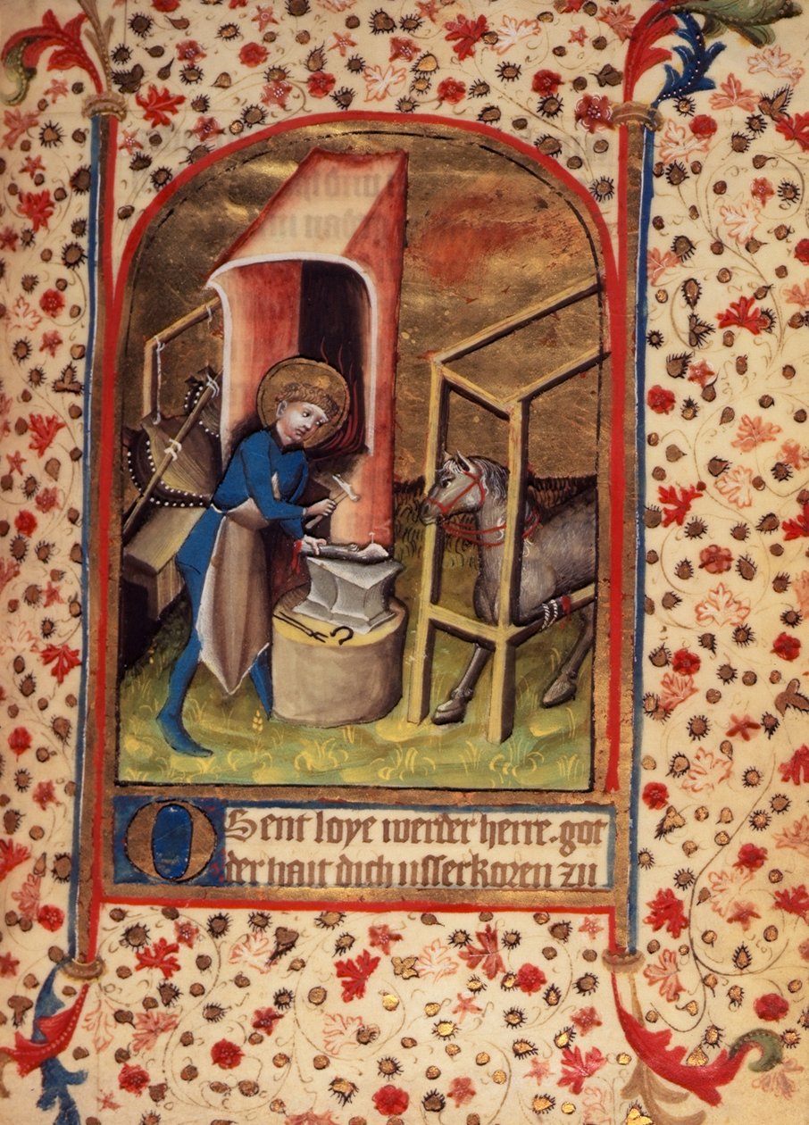 Egerton 859 fol.17 St. Eligius (588-660) kenkii hevosta rukouksista pyhille (vellum) tekijältä German School
